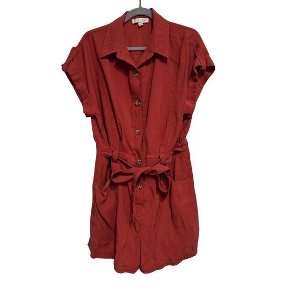She + Sky Women's L Romper Rust Button-Front Belted Preppy Boho Casual - Picture 1 of 14
